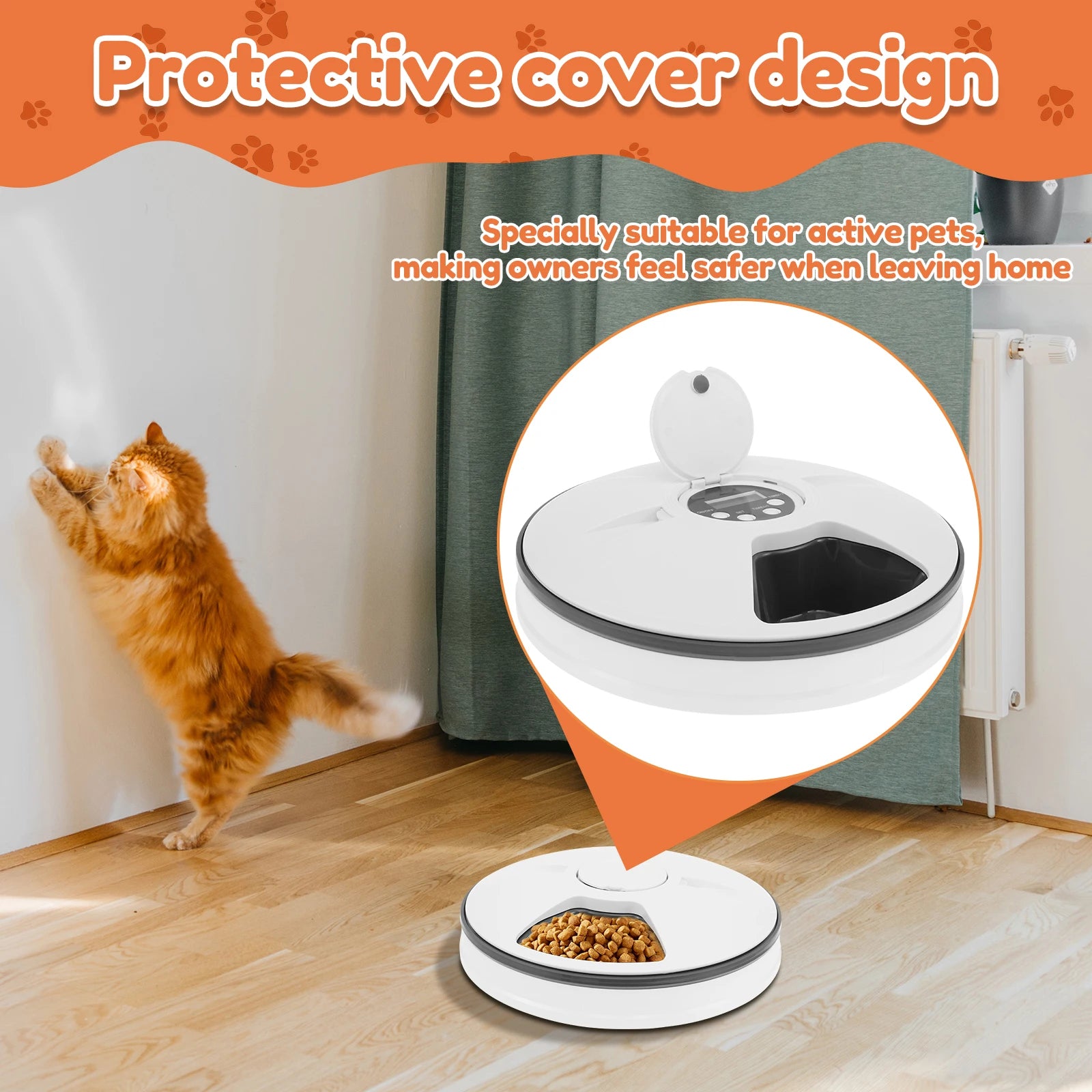 Stainless steel six-grid automatic pet feeder with LCD display, voice recording feature, and food dispenser by TrendyPet's Zone.