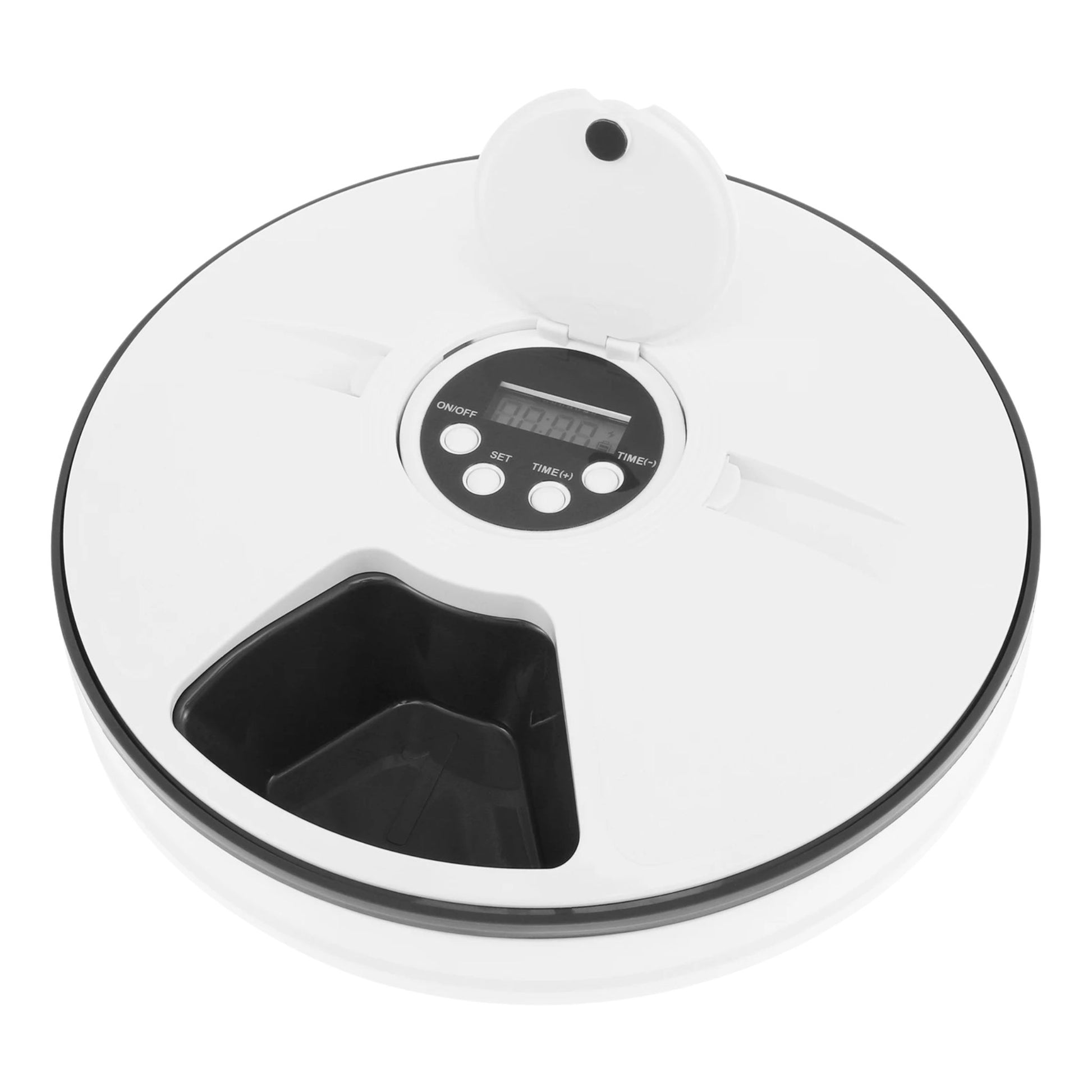 Stainless steel six-grid automatic pet feeder with LCD display, voice recording, and smart food dispenser from TrendyPet's Zone.