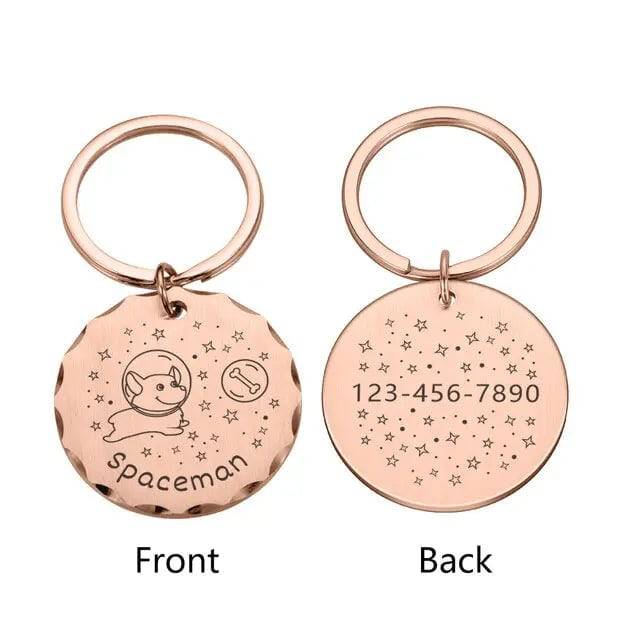 Customized dog ID tag with space bottle cap design, engraved name, address, and personalized pet collar for cats and dogs by TrendyPet's Zone.