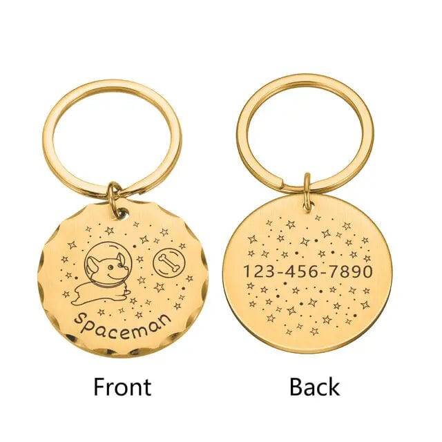 Customized pet ID tag from TrendyPet's Zone featuring space bottle cap design, engraved name, address, for dogs and cats.