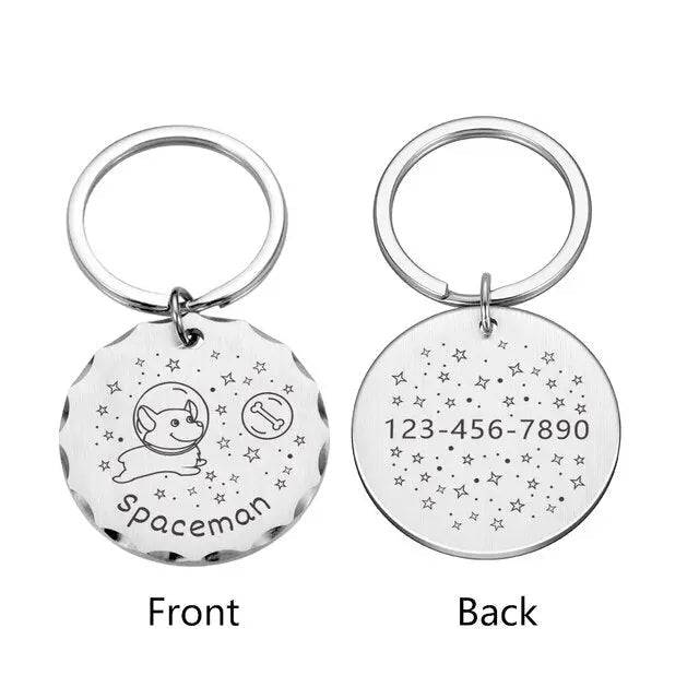Space bottle cap design pet ID tag for dogs and cats, personalized with engraved name and address, from TrendyPet's Zone.