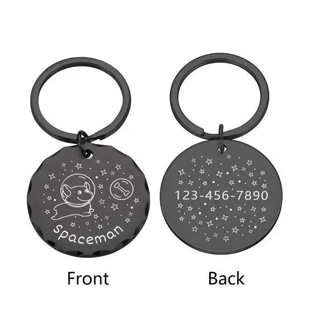 Space bottle cap design custom dog ID tag with engraved name, personalized address, for pets, by TrendyPet's Zone.