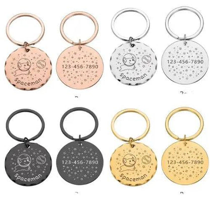 Space bottle cap design pet ID tag for dogs and cats, engraved with personalized name and address, by TrendyPet's Zone.