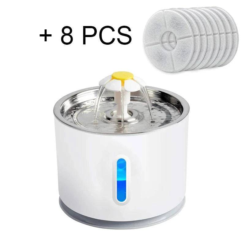 Steel cat and dog water fountain with active carbon filter, automatic electric dispenser, USB powered, for clean pet hydration.