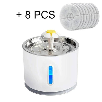 Steel cat and dog water fountain with active carbon filter, automatic electric dispenser, USB powered, for clean pet hydration.
