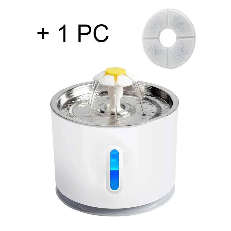 Steel cat and dog water fountain with active carbon filter, electric dispenser, USB powered, for fresh pet drinking water.
