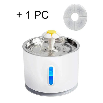 Steel cat and dog water fountain with active carbon filter, electric dispenser, USB powered, for fresh pet drinking water.