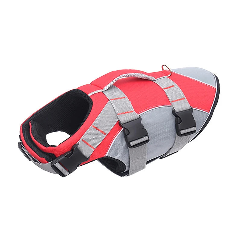 Reflective dog life jacket in bright colors, summer swim suit for dogs, from TrendyPet's Zone, shown on a dog for swimming safety.