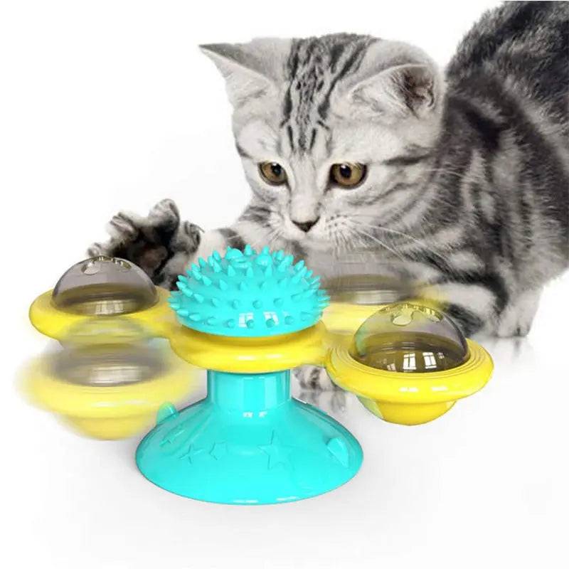Turquoise Cat Toy Turntable Built-in Rotating LED Lights  Suction Cup Base - TrendyPet's Zone