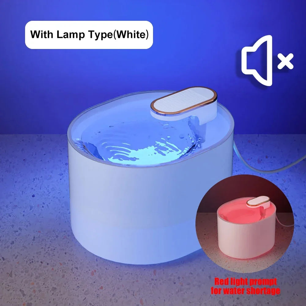 White 3L pet automatic water fountain with LED light, ultra-silent operation, USB powered, suitable for cats and kittens.