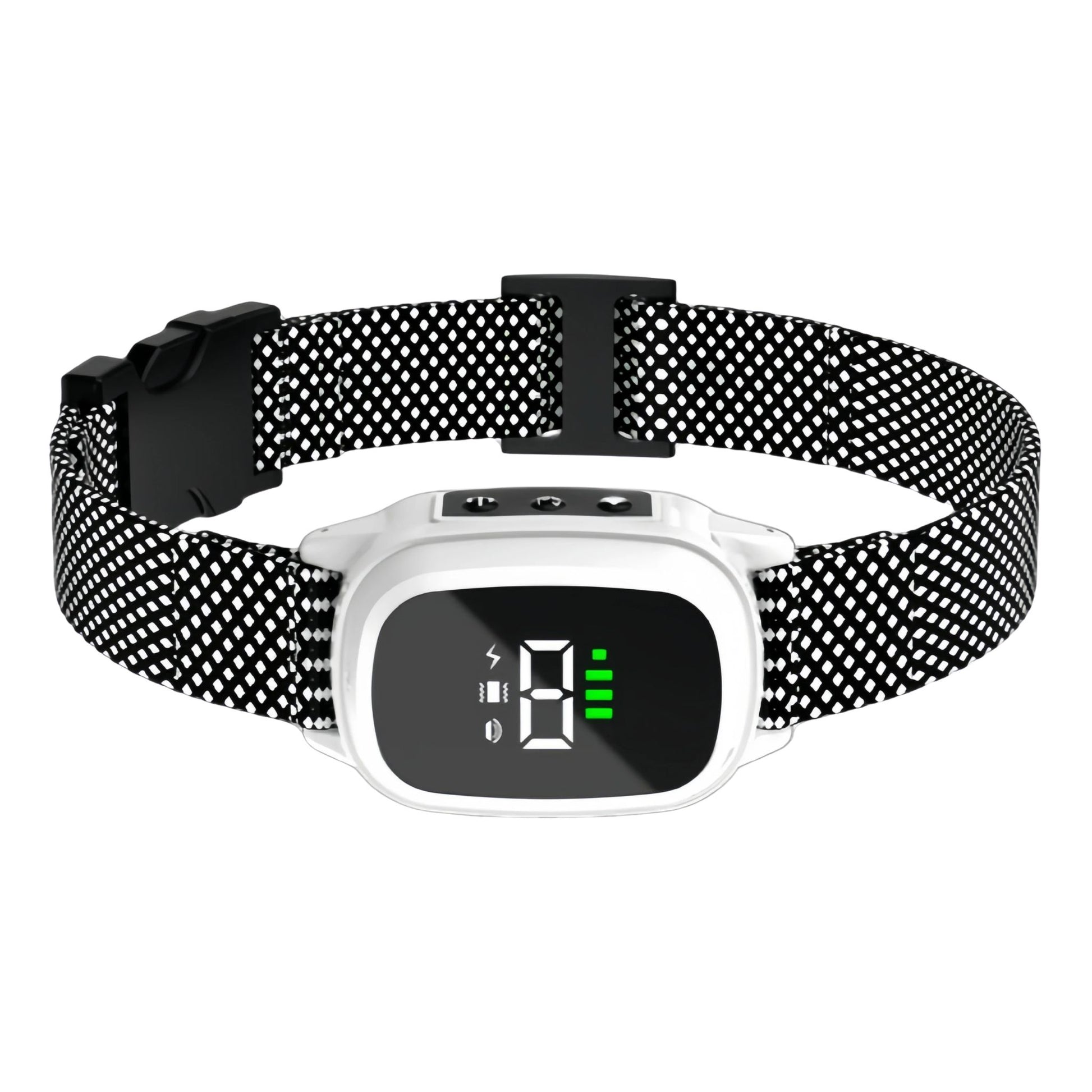 Automatic dog barking collar with rechargeable bark stopper device, equipped with sensors and adjustable strap. TrendyPet's Zone 