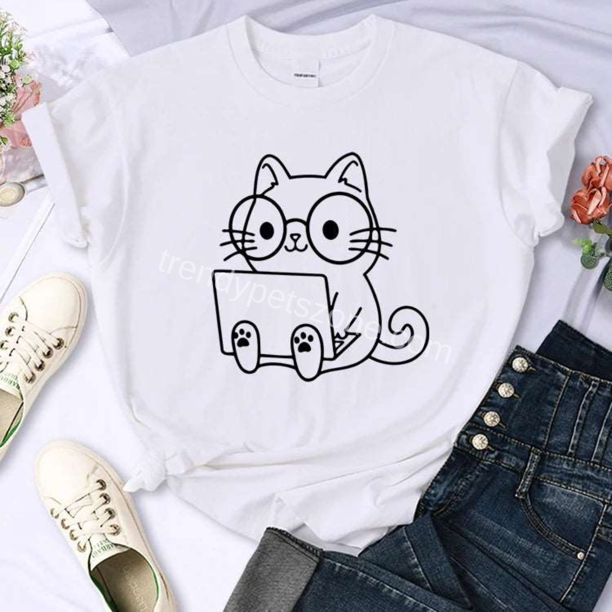 White Careful Study Of Work Cat Sketches Women T-Shirt Personality Trend Casual Tee Clothing Street Creative Tops Female Short Sleeve TrendyPet's Zone