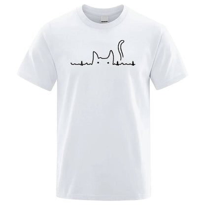 White Casual Men's T-Shirts Cat Cute Printed Summer Cotton O-Neck Short Sleeve Top Tee T-shirts - TrendyPet's Zone