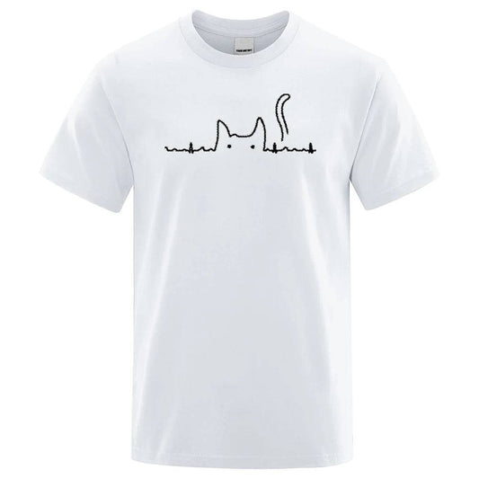 White Casual Men's T-Shirts Cat Cute Printed Summer Cotton O-Neck Short Sleeve Top Tee T-shirts - TrendyPet's Zone
