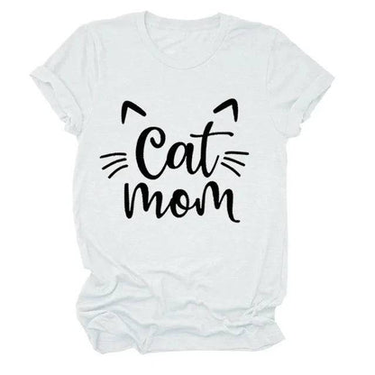 White "Cat Mom" Vivid Letter Print Women T-Shirt Short Sleeve O-Neck Loose Ladies Tee Tops Clothes - TrendyPet's Zone