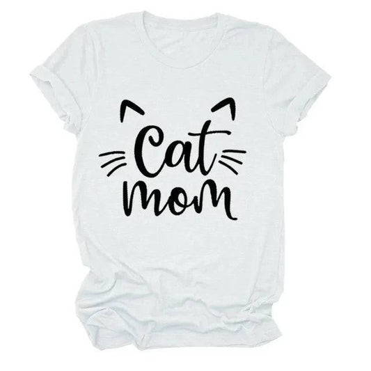 White "Cat Mom" Vivid Letter Print Women T-Shirt Short Sleeve O-Neck Loose Ladies Tee Tops Clothes - TrendyPet's Zone