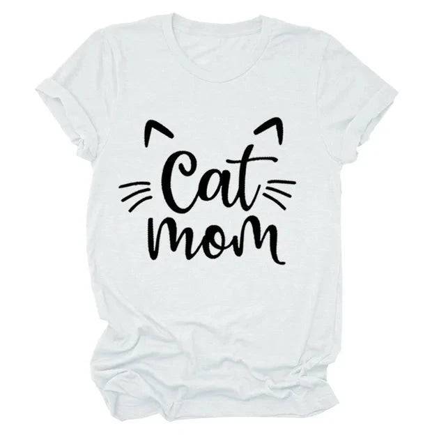 White "Cat Mom" Vivid Letter Print Women T-Shirt Short Sleeve O-Neck Loose Ladies Tee Tops Clothes - TrendyPet's Zone