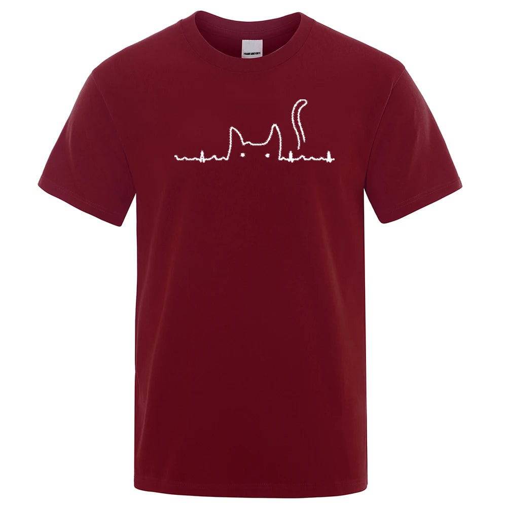 Wine Red Casual Men's T-Shirts Cat Cute Printed Summer Cotton O-Neck Short Sleeve Top Tee T-shirts - TrendyPet's Zone