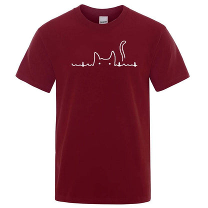 Wine Red Casual Men's T-Shirts Cat Cute Printed Summer Cotton O-Neck Short Sleeve Top Tee T-shirts - TrendyPet's Zone