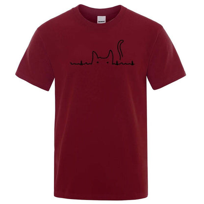 Wine Red Casual Men's T-Shirts Cat Cute Printed Summer Cotton O-Neck Short Sleeve Top Tee T-shirts - TrendyPet's Zone