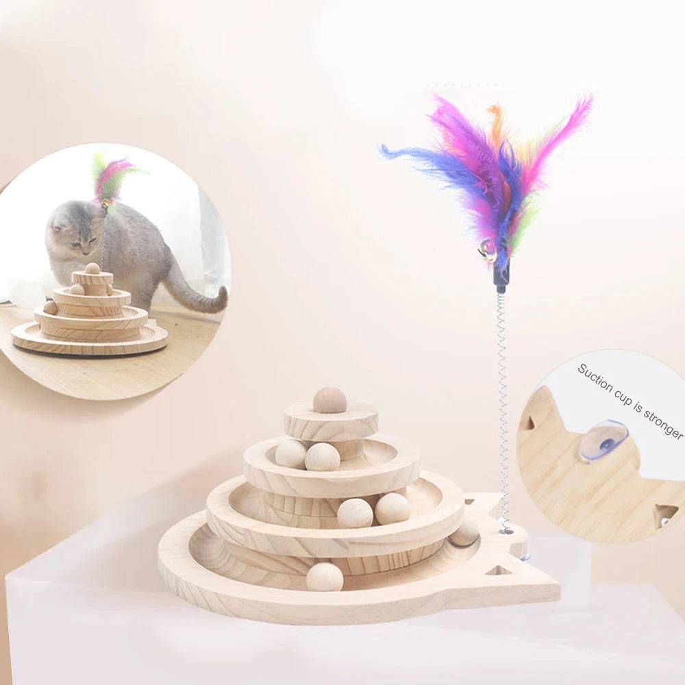 Wooden 3 Levels Pet Cat Tower Tracks Disc Intelligence Amusement Triple Play Disc Kitten Toys Ball Training Teasing Stick - TrendyPet's Zone