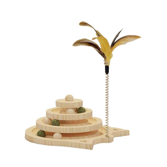 Wooden 3 Levels Pet Cat Tower Tracks Disc Intelligence Amusement Triple Play Disc Kitten Toys Ball Training Teasing Stick - TrendyPet's Zone