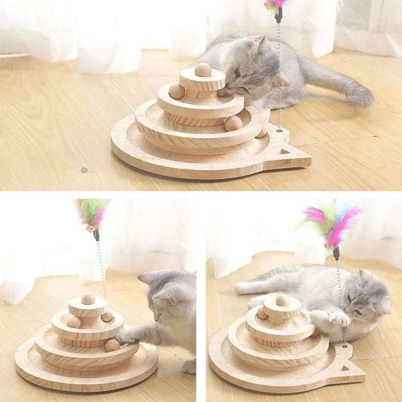 Wooden 3 Levels Pet Cat Tower Tracks Disc Intelligence Amusement Triple Play Disc Kitten Toys Ball Training Teasing Stick - TrendyPet's Zone