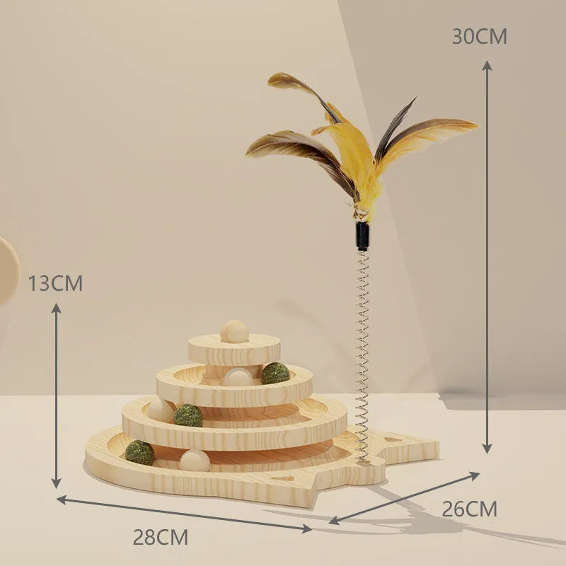 Wooden 3-level cat tower with tracks, discs, and toys for kittens, featuring balls and teasing sticks for entertainment and training.