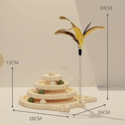 Wooden 3-level cat tower with tracks, discs, and toys for kittens, featuring balls and teasing sticks for entertainment and training.