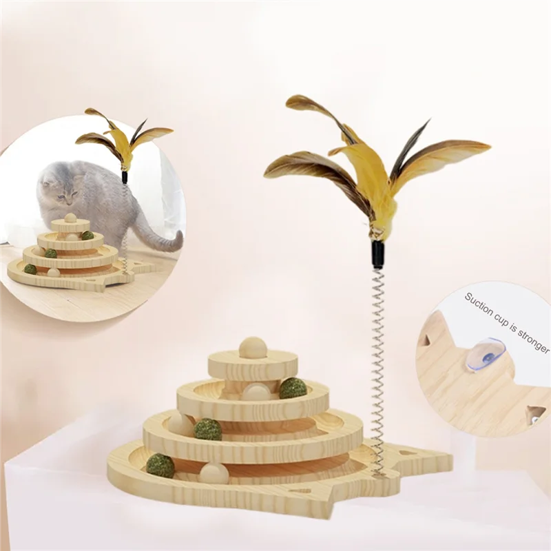 Wooden 3-level cat tower with tracks, discs, and toys for kittens, featuring balls and teasing sticks for entertainment and training.
