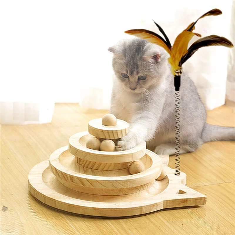 Wooden 3-level cat tower with tracks, discs, and toys for kittens, featuring balls and teasing sticks for entertainment and training.