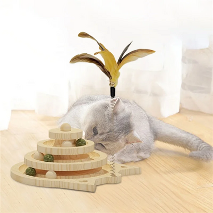 Wooden 3-level cat tower with tracks, discs, and toys for kittens, featuring balls and teasing sticks for entertainment and training.