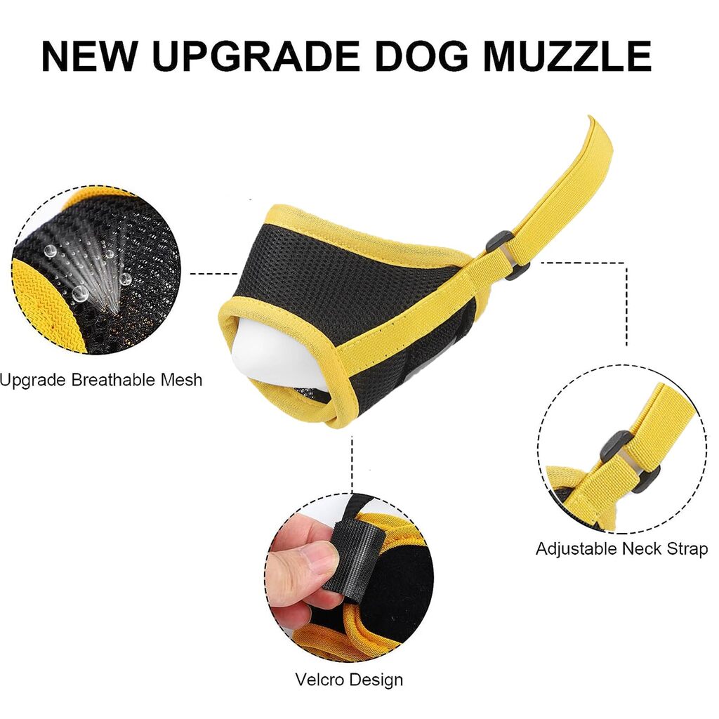 Yellow adjustable anti-bark dog muzzle made of breathable soft mesh by TrendyPet's Zone, designed for comfort and control.