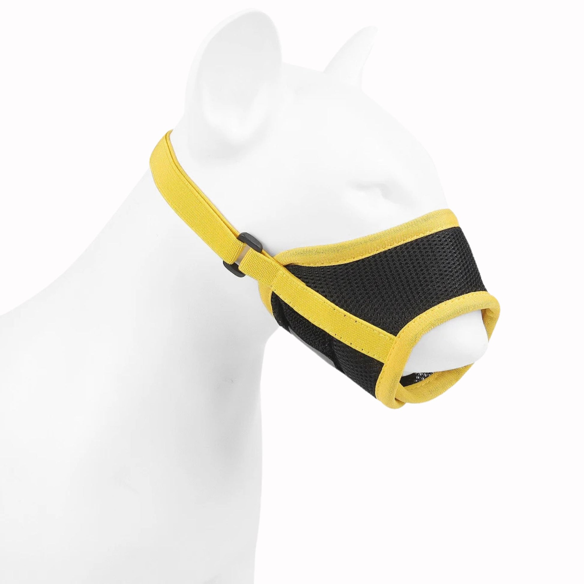 Yellow adjustable anti-bark dog muzzle made of breathable soft mesh, designed for comfort and control by TrendyPet's Zone.