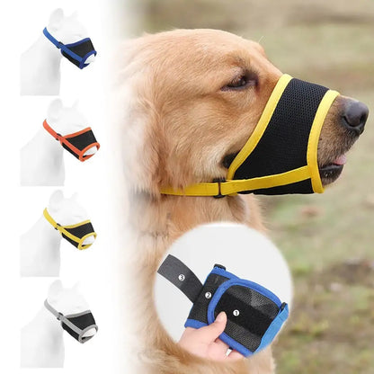 Yellow adjustable anti-bark dog muzzle made of breathable soft mesh for comfort and control.