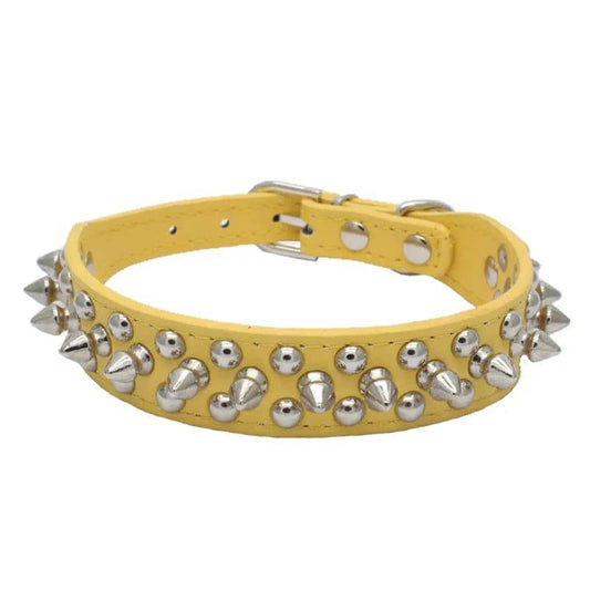 Yellow Adjustable Leather Dog Collar Neck Strap PU Leather Punk Rivet Spiked Pet Puppy Collars - TrendyPet's Zone