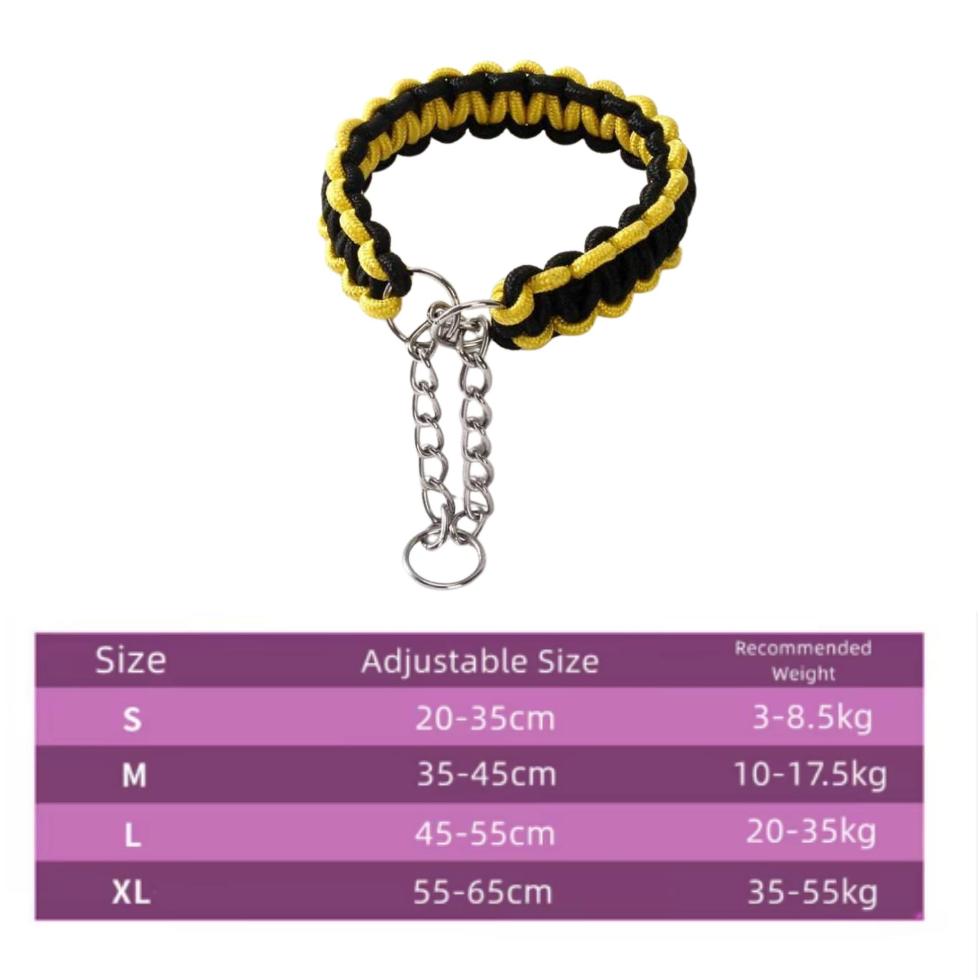 Yellow and black woven nylon dog collar with P-chain, adjustable martingale style for small, medium, and large dogs by TrendyPet's Zone.