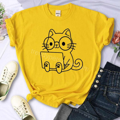 Yellow Careful Study Of Work Cat Sketches Women T-Shirt Personality Trend Casual Tee Clothing Street Creative Tops Female Short Sleeve TrendyPet's Zone