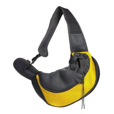 Yellow outdoor travel dog and cat carrier bag with mesh and Oxford fabric, designed as a comfortable sling and tote for pets.