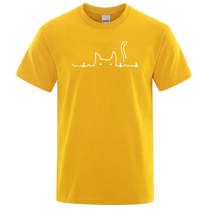 Yellow Casual Men's T-Shirts Cat Cute Printed Summer Cotton O-Neck Short Sleeve Top Tee T-shirts - TrendyPet's Zone