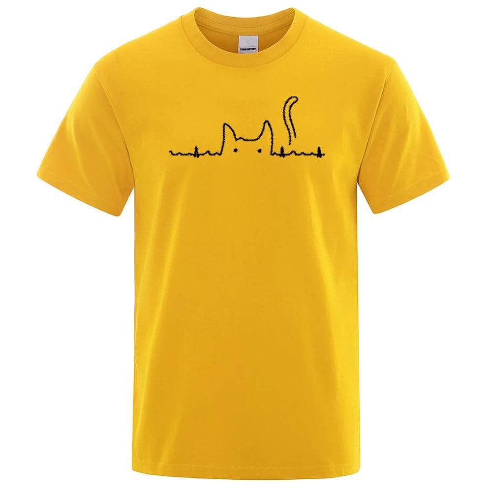 Yellow Casual Men's T-Shirts Cat Cute Printed Summer Cotton O-Neck Short Sleeve Top Tee T-shirts - TrendyPet's Zone
