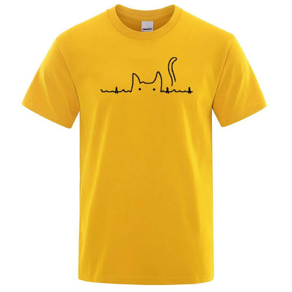 Yellow Casual Men's T-Shirts Cat Cute Printed Summer Cotton O-Neck Short Sleeve Top Tee T-shirts - TrendyPet's Zone