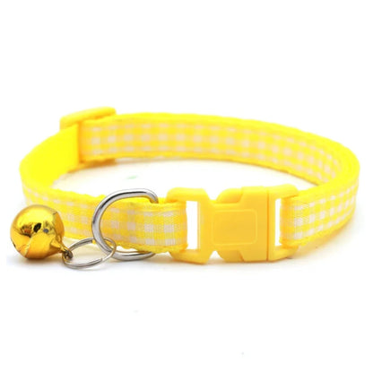 Yellow checkered striped pet collar with bell, adjustable nylon collar for cats and small dogs from TrendyPet's Zone.
