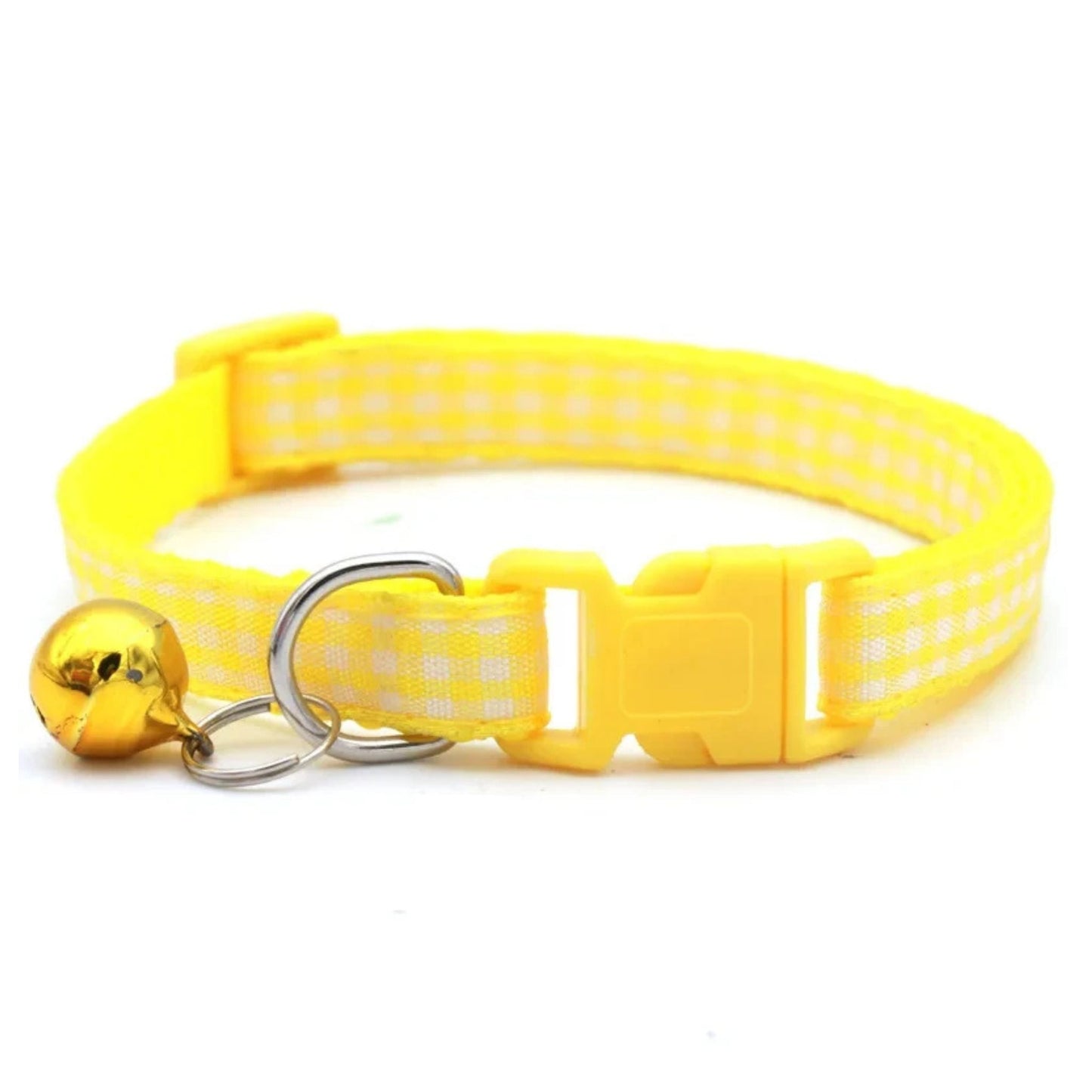 Yellow checkered striped pet collar with bell, adjustable nylon collar for cats and small dogs by TrendyPet's Zone