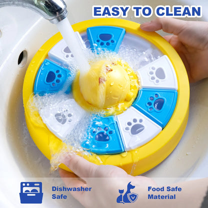 Yellow dog puzzle feeder toy from TrendyPet's Zone, featuring a slow eating bowl and treat dispenser for IQ training.