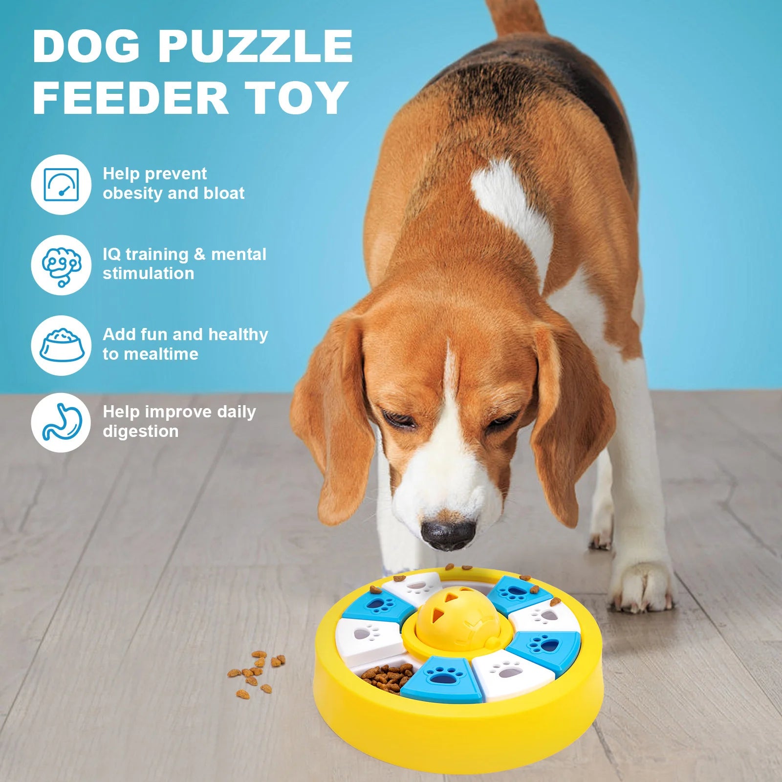Yellow dog puzzle feeder toy from TrendyPet's Zone, featuring a slow eating bowl and treat dispenser for IQ training.
