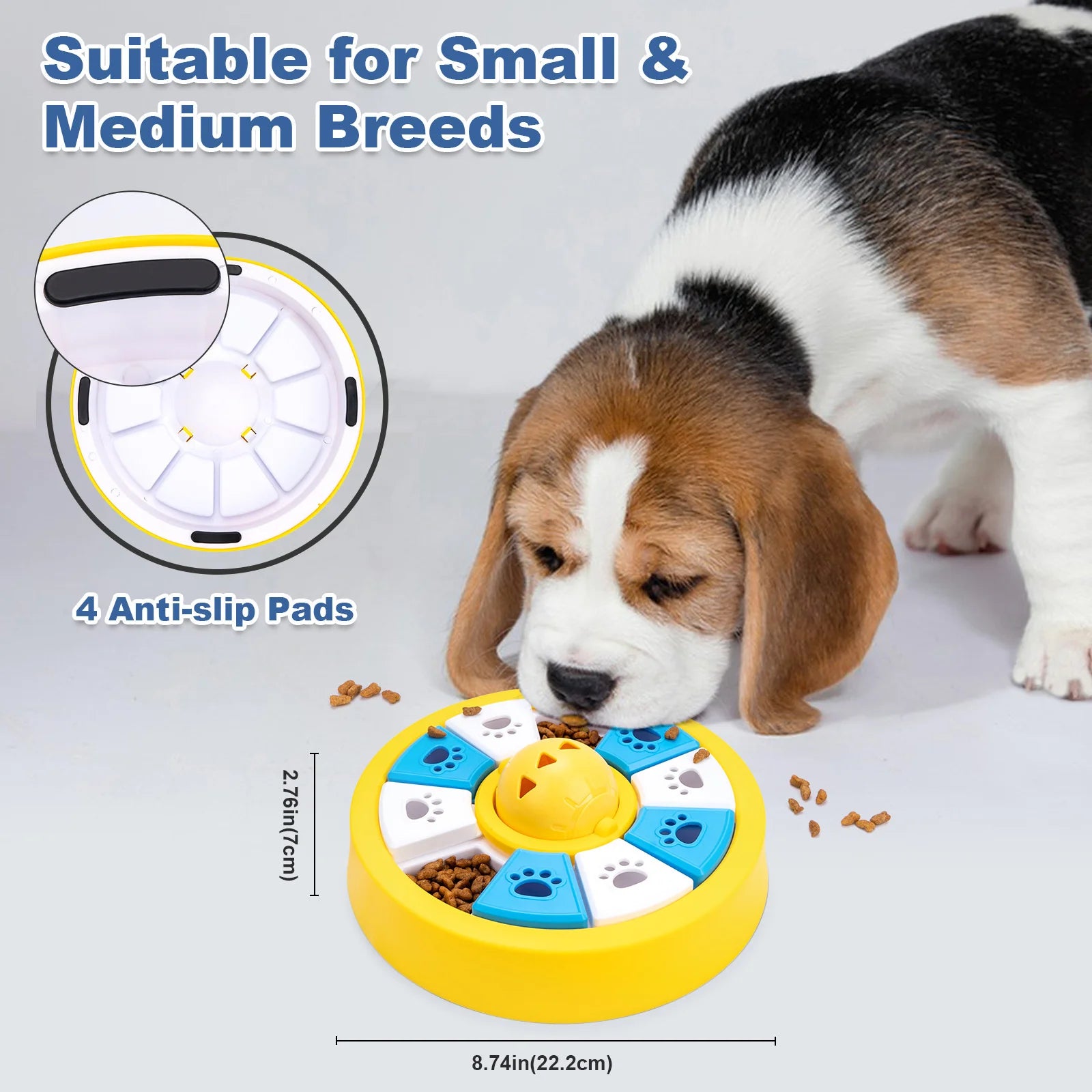 Yellow dog puzzle feeder toy by TrendyPet's Zone, featuring a slow eating bowl and treat dispenser for IQ training.