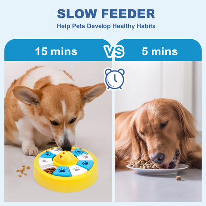 Yellow dog puzzle feeder toy from TrendyPet's Zone featuring a slow eating bowl and treat dispenser for IQ training.