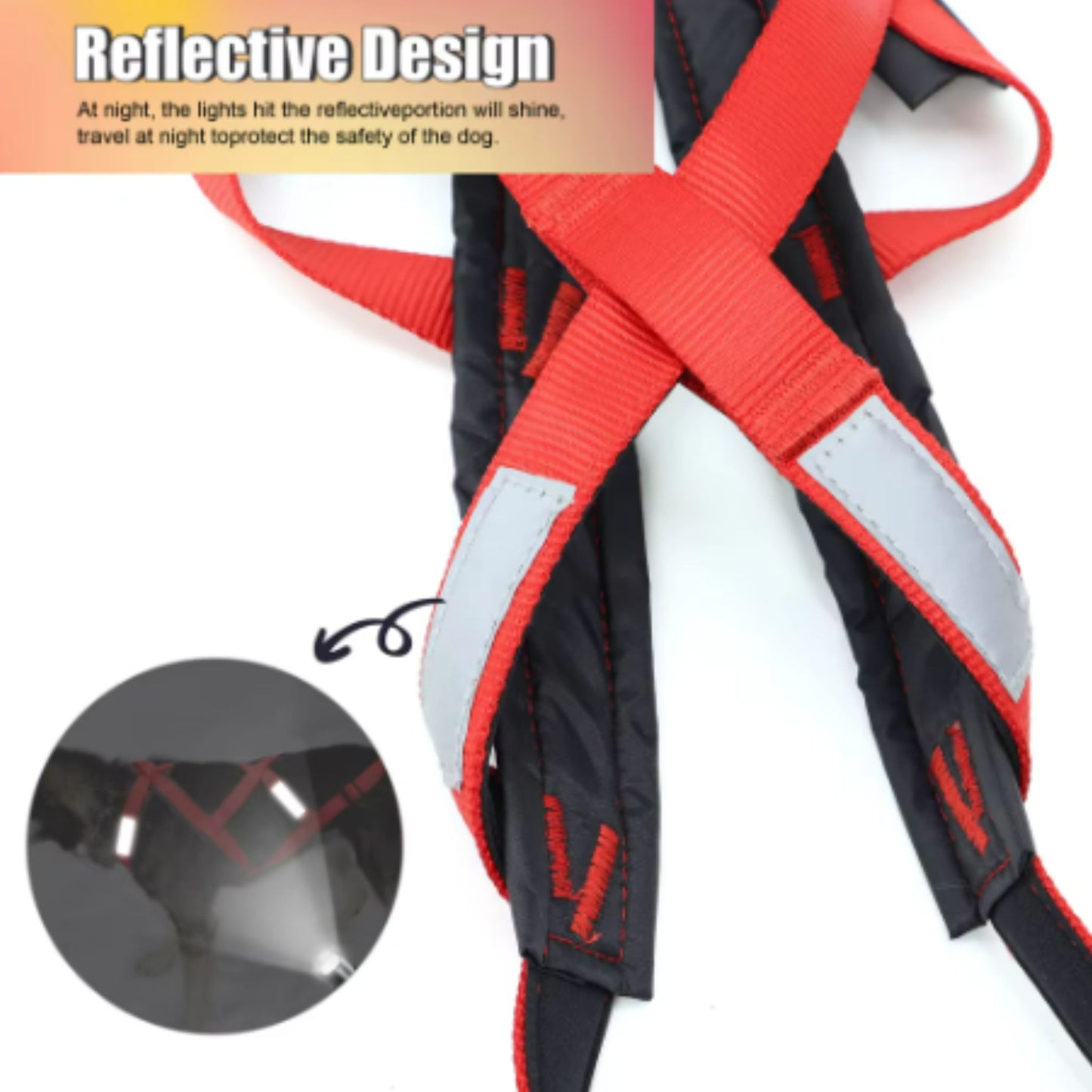 Red waterproof dog sledding harness with reflective strips for large dogs, ideal for skijoring, training, and weight pulling.