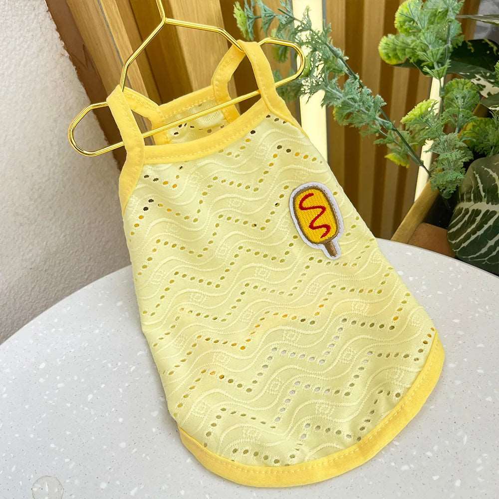 Yellow Dog Summer Clothes Cute Embroidery Striped Top Vest Breathable Puppy Sleeveless Shirt - TrendyPet's Zone